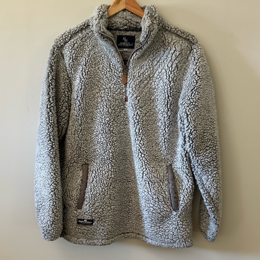 Simply Southern Gray Sherpa Faux Fur 1/4 Zip Pullover Jacket. Women’s Sz. Small